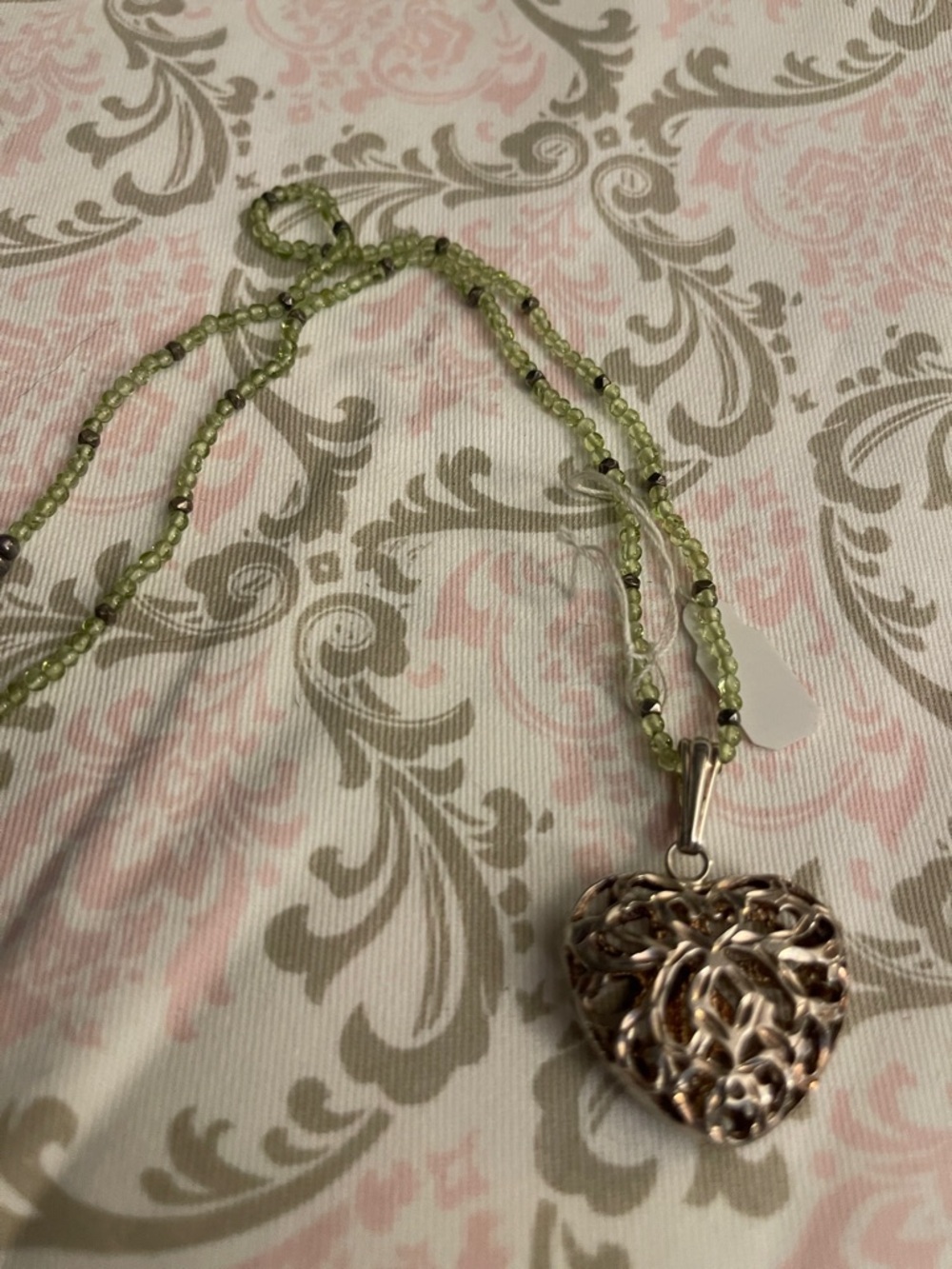 Silver Filigree Heart Pendant Necklace with Light Green Beads